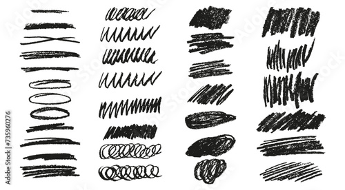 Set isolated black crayon stroke lines and scribbles. Grunge chalk sketch collection. Hand drawn vector pencil lines and doodles. Abstract charcoal daub. Rough crayon strokes.
