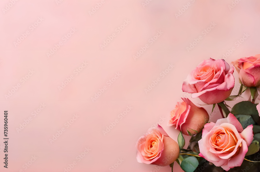 Floral background. Peach roses on a delicate pink background with a place for text. Layout for holiday greetings, layout for postcards, copy space Floral background. Peach roses on a delicate pink background with a place for text. Layout for holiday greetings, layout for postcards, copy space