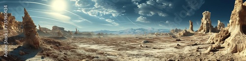 A desolate landscape of Earth before life, with towering wind-eroded rock formations and endless gravel plains under a relentless, harsh sun, a silent testament to Earth's early days.