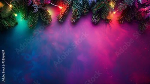 Pine branches adorned with colorful Christmas lights against a mystical pink and blue background, conveying a sense of festive warmth and joy.