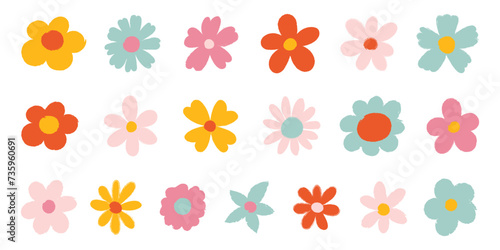 Set of isolated colorful hand drawn textured flowers. Grunge chalk sketch vector collection. Bright doodles pencil children drawing. Rough edges. For decoration card, poster, banner, social media.