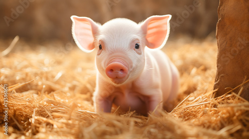 Young piglet on hay and straw at pig breeding farm.