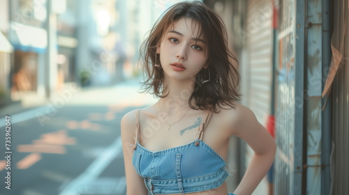 黒髪の若いファッションモデル　水着