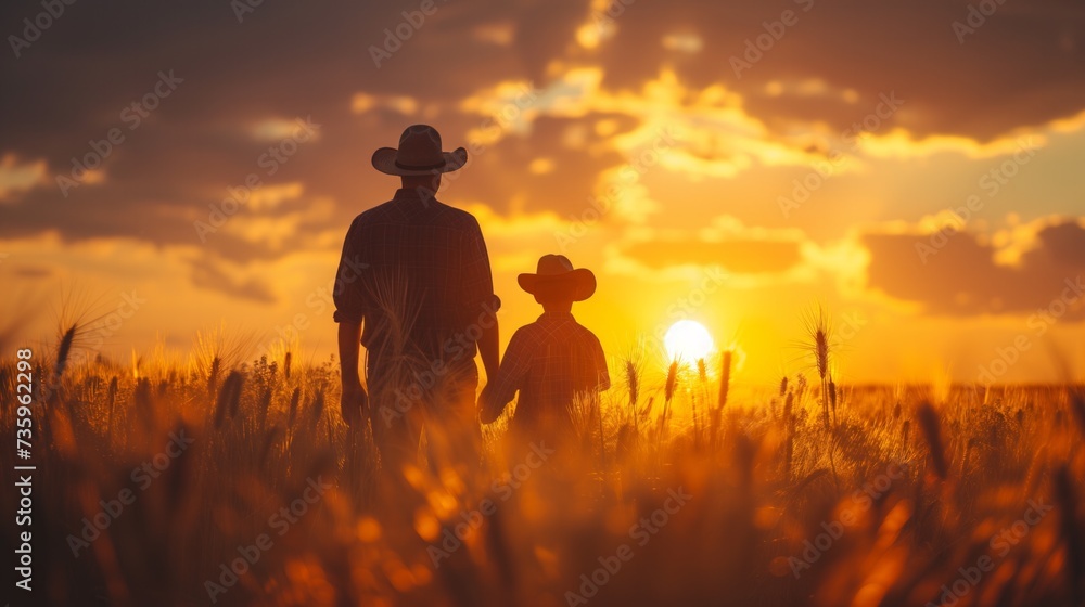 A man and child enjoy a serene walk through a vast field under a vibrant sunset.