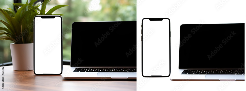 Laptop desktop smartphone cutout screen on office room background, and transparent background. Mockup template for artwork design. copy space.
