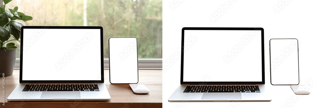 Laptop desktop smartphone cutout screen on office room background, and transparent background. Mockup template for artwork design. copy space. Laptop desktop smartphone cutout screen on office room background, and transparent background. Mockup template for artwork design. copy space.