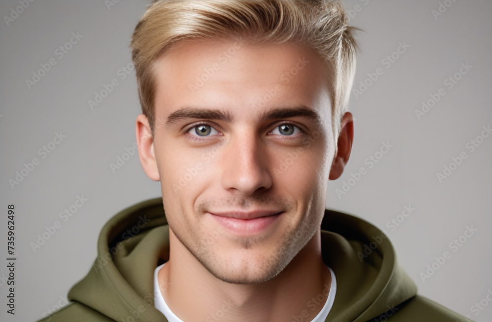 Portrait of a young blond man with light gray eyes, looking at camera ...