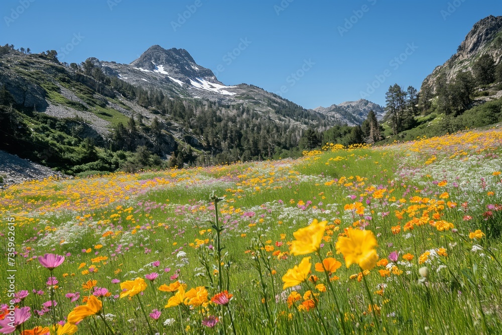 Field of Wildflowers With Mountains in the Background