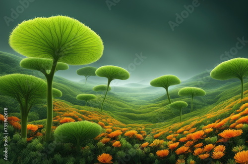 Surreal Green Treescape with Umbrella-Like Foliage and Flowers