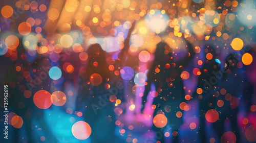 A blurry dancing silhouettes of a crowd of people. Neon lights and bokeh effect background. Nightlife and disco concept.
