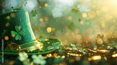 St. Patrick's Day background with green hat, gold coins and clover leaves. Blured bokeh light effect. Copy space.