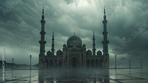 Modern Islamic architecture in contrast with dark and stormy sky