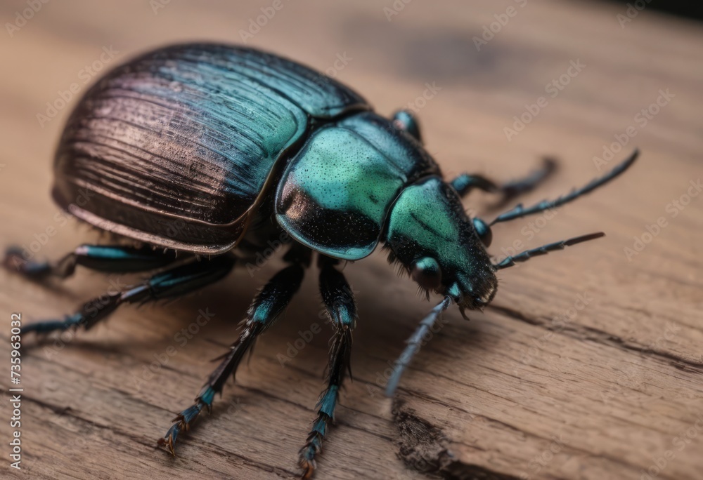 Close-up of a shiny blue beetle on a wooden surface in a forest with a blurred background Close-up of a shiny blue beetle on a wooden surface in a forest with a blurred background
