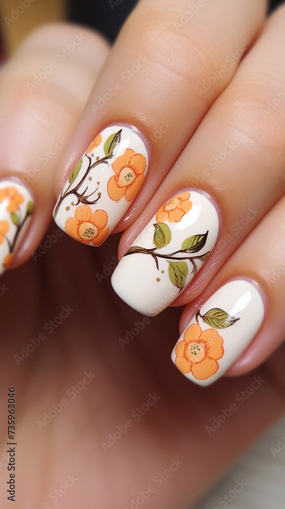 Beautiful glossy white manicure with a design of painted orange flowers on it, vertical photo, Beautiful glossy white manicure with a design of painted orange flowers on it, vertical photo,