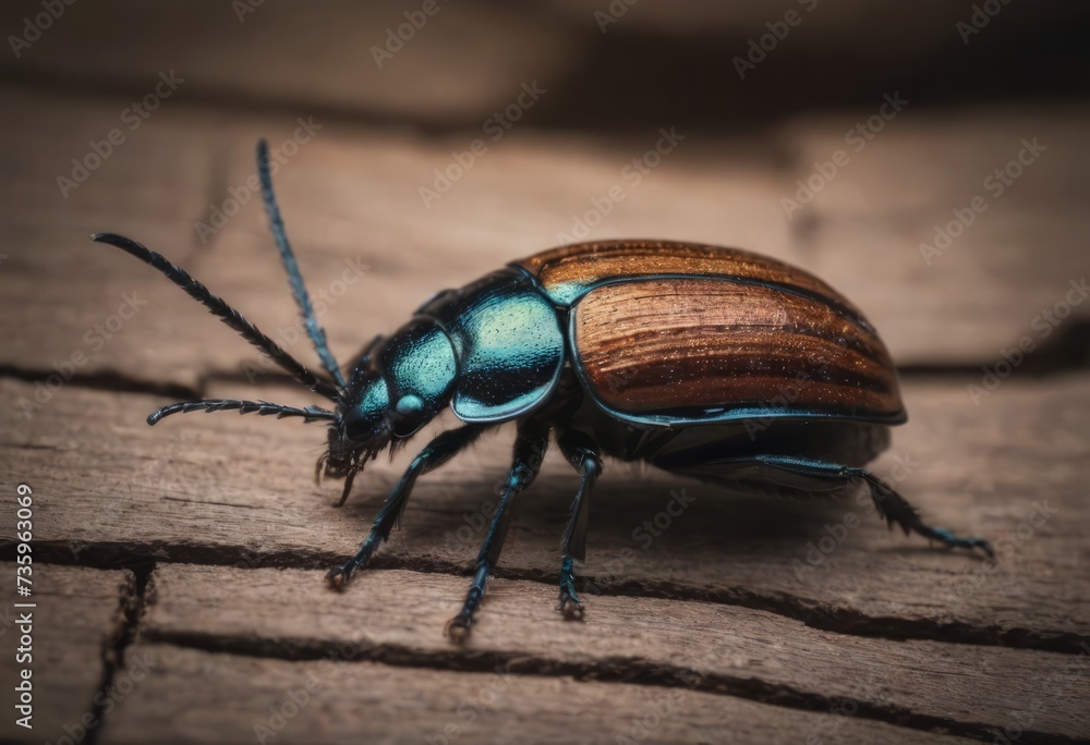 Close-up of a shiny blue beetle on a wooden surface in a forest with a blurred background Close-up of a shiny blue beetle on a wooden surface in a forest with a blurred background