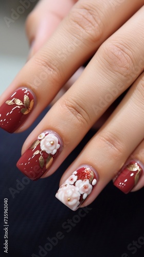 Beautiful glossy red manicure with a design of painted white roses on it, vertical photo,