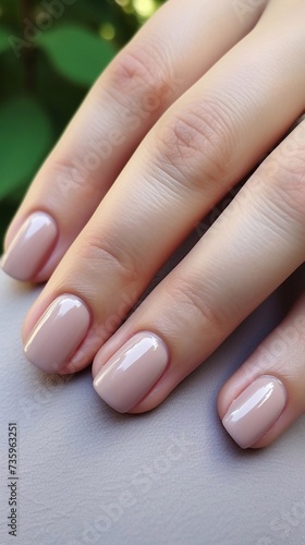 Beautiful glossy manicure in nude color, cappuccino color, light brown vertical photo, 
