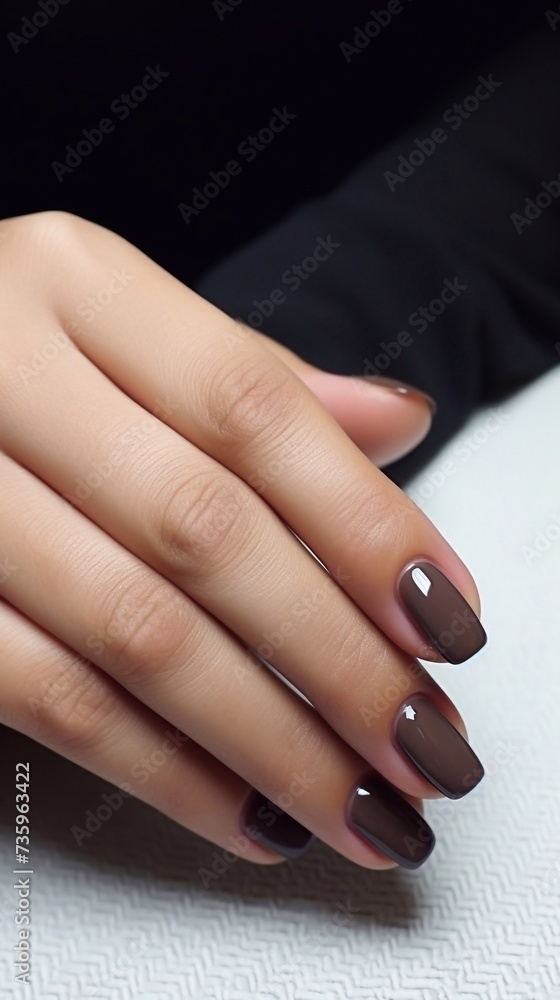 Beautiful, shiny brown, nude, glossy manicure and vertical photo Beautiful, shiny brown, nude, glossy manicure and vertical photo
