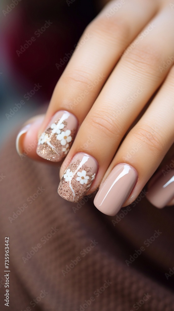 Beautiful and stylish nude, light brown with a manicure design, with a white pattern on the nails. Dry flowers, flowers. Vertical photo Beautiful and stylish nude, light brown with a manicure design, with a white pattern on the nails. Dry flowers, flowers. Vertical photo