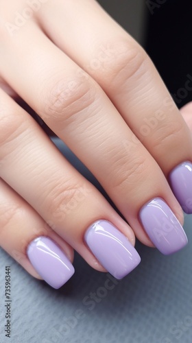 Beautiful glossy lilac soft light nude manicure, vertical photo,
