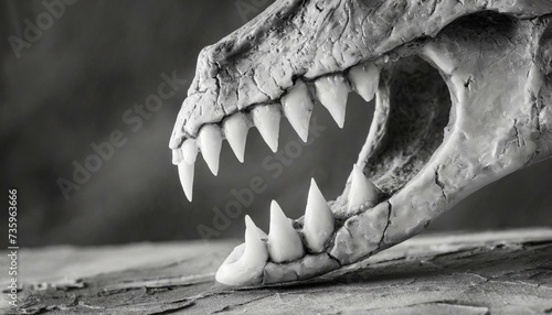 Black and white shot of the skull of a T-Rex dinosaur with a jaw full of sharp teeth photo