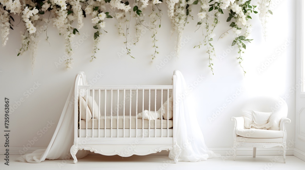 A charming and serene nursery features a white baby crib adorned with delicate hanging flowers and greenery, creating a whimsical atmosphere..
 - obrazy, fototapety, plakaty 