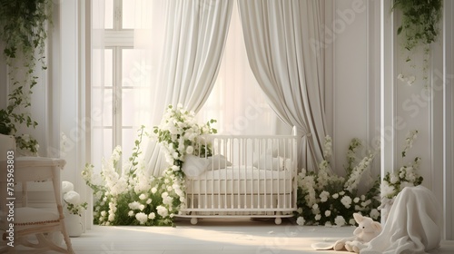 A charming and serene nursery features a white baby crib adorned with delicate hanging flowers and greenery, creating a whimsical atmosphere.. 