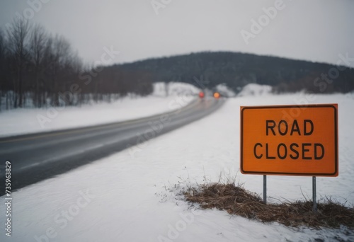 Road Closed sign placed beside a snow covered road on a cold witer day