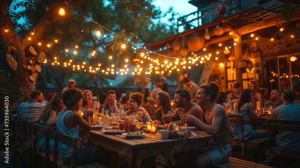 Families and friends gathered outside their home for an outdoor summer dinner on a warm summer evening. Multiethnic people having fun, communicating with each other, and eating.