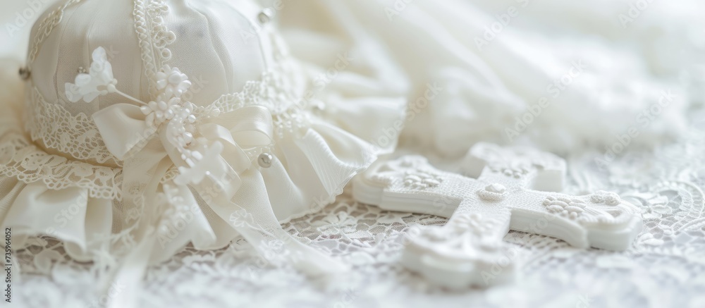 Elegant white wedding dress adorned with beautiful lace and bow, perfect for a romantic ceremony Elegant white wedding dress adorned with beautiful lace and bow, perfect for a romantic ceremony