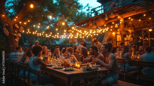 Families and friends gathered outside their home for an outdoor summer dinner on a warm summer evening. Multiethnic people having fun, communicating with each other, and eating.