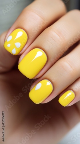 Beautiful yellow manicure  with a design  white spots on it  lines  vertical photo