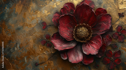 Elegant burgundy flower on golden background as wallpaper background illustration  Abstract oil painting
