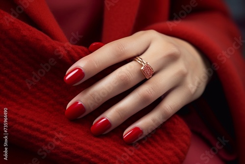 Beautiful glossy red manicure, color , horizontal photo