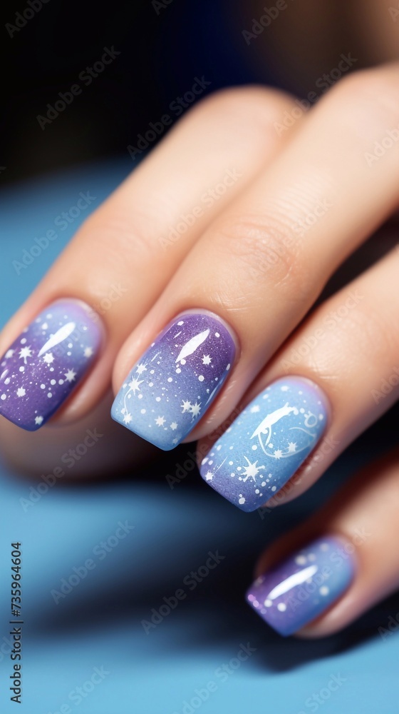 cosmic beautiful manicure with glued stars on it with sparkles, shiny