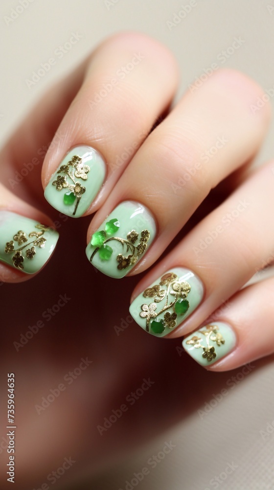 Beautiful glossy light green manicure with a summer design on the nails, vertical photo, clover nail art, for St. Patrick's Day Beautiful glossy light green manicure with a summer design on the nails, vertical photo, clover nail art, for St. Patrick's Day