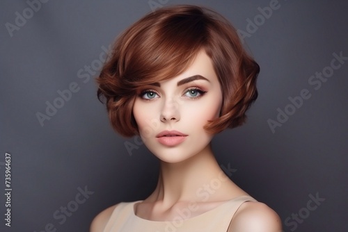 Smiling beautiful woman with brown short hair. Haircut. hairdo. fringe. Photo in the studio