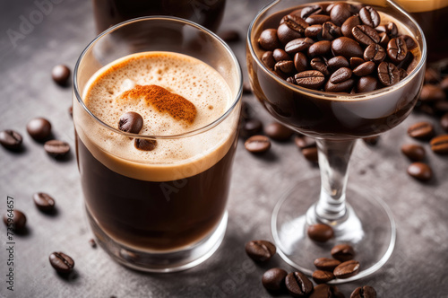 Whipped Cream Topped Coffee in Tall Glass with Cinnamon and Coffee Beans