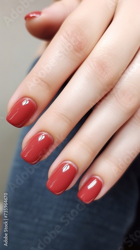 Beautiful glossy red manicure, color vertical photo