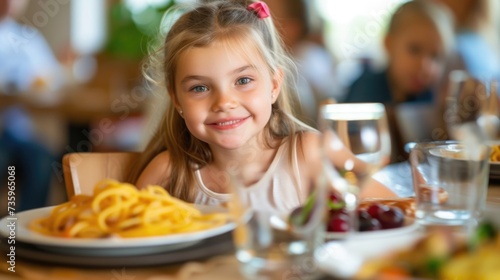 Happy child dining in restaurant. Portrait of a smiling girl with a plate of spaghetti.
