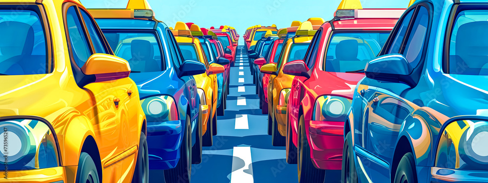 Vibrant Traffic Jam with Colorful Cars Lined Up During Rush Hour in Urban Commute Vibrant Traffic Jam with Colorful Cars Lined Up During Rush Hour in Urban Commute
