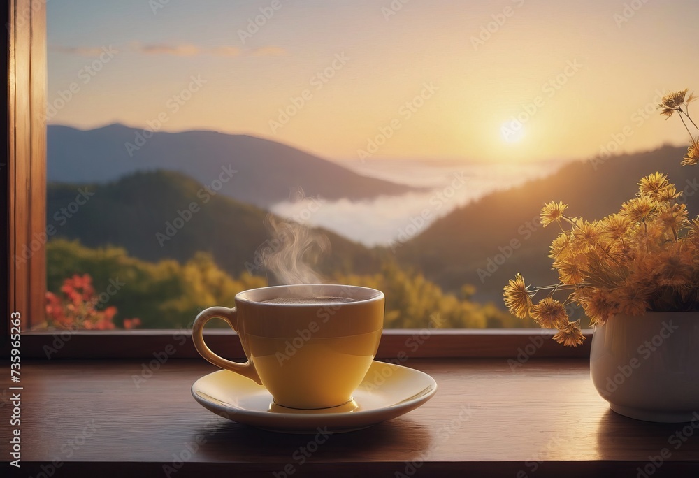 A table with a coffee mug. Sunlight. Beautiful view of the mountains on a sunny day through the window in a private house. A table with a coffee mug. Sunlight. Beautiful view of the mountains on a sunny day through the window in a private house.