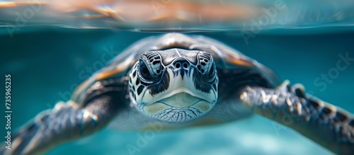 A mesmerizing close up of a serene turtle gracefully swimming in the crystal clear ocean waters © 2rogan