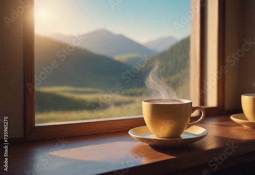 A table with a coffee mug. Sunlight. Beautiful view of the mountains on a sunny day through the window in a private house. © Алексей Ковалев