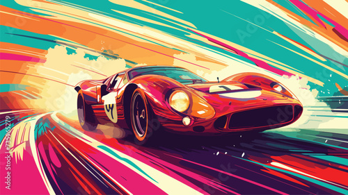 Retro race car on road and colorful background.