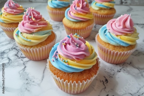 Cupcakes with pink, blue, and yellow swirled icing and sprinkles.