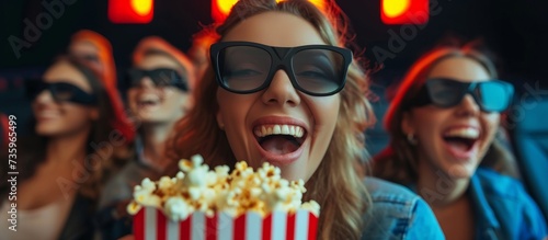 Stylish woman wearing sunglasses with a bucket of popcorn in a bright cinema setting