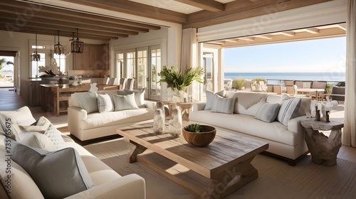 beautiful small space casual living family room soft neutral wood beams and a gorgeous grouping of swivel color fabric chairs around a striking coffee table coastal design nature freshness home © Ziyan