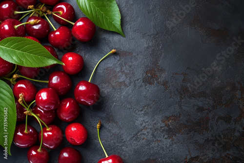 Variety of cherries on background. sweet cherries. top view, creative flat layout. Frame of different fruits with space for text. Berries at border of image with copy space. photo