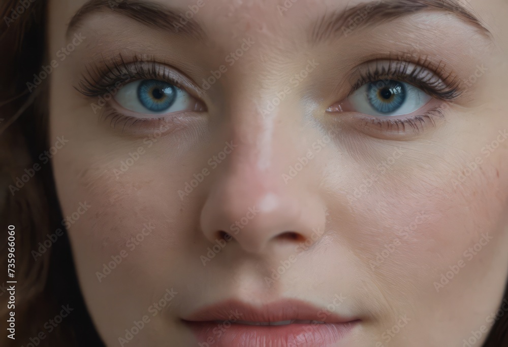Close-up macro portrait of a female face. A woman with open blue eyes and daytime cosmetic makeup. A girl with perfect skin and freckles. Close-up macro portrait of a female face. A woman with open blue eyes and daytime cosmetic makeup. A girl with perfect skin and freckles.